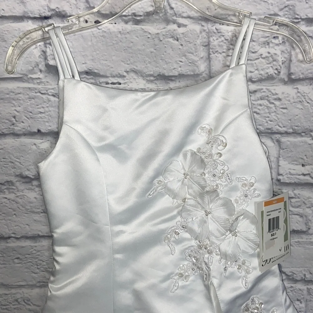 Bonnie Jean Girl's 7 White Asymmetrical Embroidered Lace Formal Dress